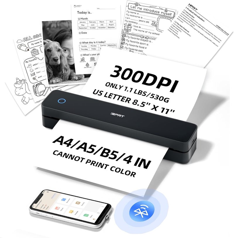 iDPRT Portable-Printer Wireless for Travel,300DPI Inkless Thermal Small Printers for Home Use,Office,Vehicles,Mobile Bluetooth Printer Supports 8.5" x 11" US Letter,for Smartphone & PC,Black - Image 1